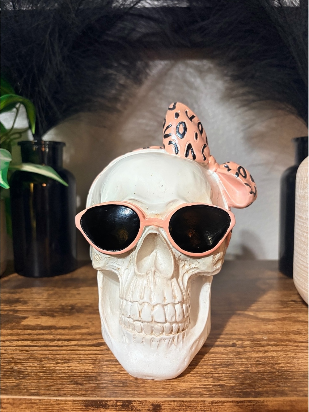 Decorative Skull Figurine with Pink Leopard Print Bow and Sunglasses